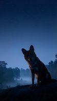 Wild wolf silhouette sitting on rocky cliff under starry night sky with forest landscape background for wildlife and nature themes.