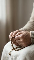 Elderly hands holding wooden prayer beads in peaceful meditation moment. Spiritual contemplation and faith concept for wellness and mindfulness content.