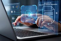 Businessman using laptop with holographic AI interface displaying generative artificial intelligence technology for document creation and data processing.