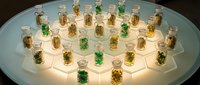 Collection of glass vials with cork stoppers containing various herbs, spices and natural ingredients arranged on illuminated surface for apothecary display.