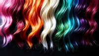 Vibrant rainbow hair swatches displaying flowing waves in pink, orange, yellow, white, cyan, and purple tones against black background for salon, beauty, and hair color design projects.