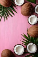 Fresh coconuts and palm leaves arranged on pink wooden background creating tropical summer frame with copy space for menu or recipe design.