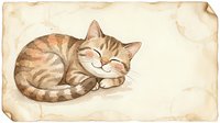 Tabby cat sleeping peacefully on aged paper background, isolated illustration suitable for vintage designs, greeting cards, and children's artwork projects.
