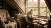 A fluffy cat sits on a wooden desk gazing out a large window in a vintage attic room filled with books, papers, and antique furniture, evoking nostalgia and contemplation.