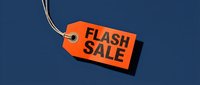 Orange flash sale price tag hanging on dark blue background, bold black text, retail discount promotion concept for marketing and advertising.