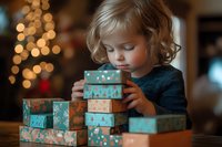 Young caucasian girl with curly blonde hair stacking turquoise floral gift boxes during holiday season, soft bokeh lights in background create magical atmosphere.