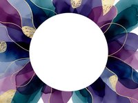 Abstract floral frame with purple teal watercolor petals and gold accents surrounding white circle for text or logo design.