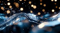 Dynamic water splash wave with golden bokeh lights creating magical atmosphere against dark background, macro photography for luxury cosmetics and spa designs.