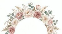Elegant floral arch with dusty rose and blush pink roses, eucalyptus leaves and ferns on white background. Wedding decoration element for invitations.