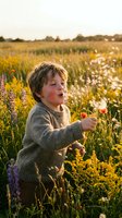 Young child, Caucasian, approximately 2-3 years old, wearing a gray knit sweater, standing joyfully in a wildflower meadow during golden hour. Perfect for parenting, childhood, nature, and lifestyle editorial use.