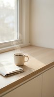 Beige coffee mug and folded newspaper on wooden kitchen counter near window with soft natural light creating warm minimalist morning atmosphere.