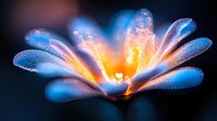 Glowing ethereal flower with luminous blue petals and orange center radiating light against dark background, creating magical nature macro photography effect.