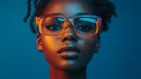 Young African American woman wearing transparent glasses illuminated by vibrant orange and blue contrasting lights creating dramatic portrait with modern fashion aesthetic.