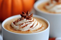 Creamy pumpkin spice latte topped with whipped cream, star anise, and dusted cinnamon in white ceramic cup against autumn themed background.