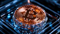 Golden bitcoin cryptocurrency coin with water drops on dark background with blue technology lights, macro shot showing fine details and texture.