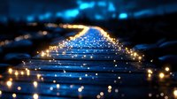 Illuminated wooden pier extends over dark water at dusk, with glowing lights creating magical bokeh effect and reflections on wet surface. Atmospheric night scene.