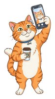 Orange tabby cat taking selfie with smartphone while holding coffee cup, isolated on white background. Cartoon character for social media, pet humor, and lifestyle design projects.