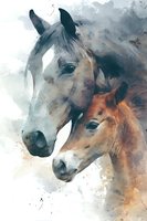 Watercolor painting of mare and foal horses in artistic style with soft brushstrokes and natural earth tones for equestrian themed designs.