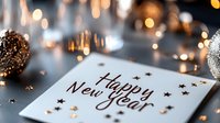 Happy New Year greeting card with glittering decorations and bokeh lights creating festive atmosphere on dark background. Golden stars add magical touch.