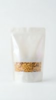 White matte stand-up pouch with transparent window showing granola and nuts inside, isolated on light background for packaging mockup design.