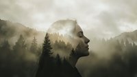 Man's profile silhouette filled with misty forest landscape and evergreen trees, representing nature connection, mindfulness, and environmental awareness for wellness and meditation concepts.