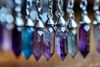 Amethyst crystal pendant earrings hanging with colorful gemstone jewelry collection in soft focus background for spiritual healing accessories.