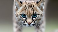 Small wild cat with striking blue eyes and spotted fur pattern looking directly at camera with intense gaze against blurred natural background.