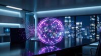 Futuristic purple holographic sphere with network connections floating in modern office space with city skyline view at night for technology presentations.