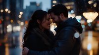 Young couple embracing intimately on city street at night with warm bokeh lights creating romantic urban atmosphere for Valentine's Day campaigns.