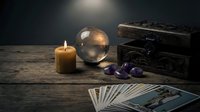 Mystical fortune telling setup with tarot cards, crystal ball, burning candle and amethyst stones on wooden table for divination and spiritual guidance sessions.