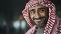Middle Eastern man with beard wearing traditional red and white keffiyeh headdress smiling warmly at camera against blurred background.