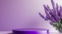 Purple round podium display with lavender flowers bouquet on gradient background, minimalist product showcase for cosmetics and beauty products.