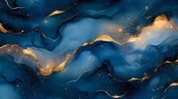 Abstract navy blue and gold marble texture with flowing waves and glitter effect. Luxury pattern design with golden veins on dark background for elegant decor.