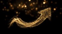 Upward trending arrow made of golden glowing particles on dark background, symbolizing growth, success, and financial progress for business presentations.