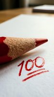 Red pencil marking 100 score on white paper with wooden texture visible, academic achievement and grading concept for educational materials.