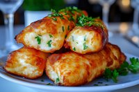 Crispy golden potato croquettes filled with creamy mashed potatoes and fresh herbs, garnished with chopped parsley, served on white plate for restaurant menu.