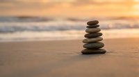 Balanced stone stack on sandy beach at golden sunset creating peaceful zen meditation atmosphere for wellness and mindfulness practices.