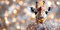 Adorable giraffe wearing fairy wings and glitter crown against magical bokeh background, creating whimsical holiday atmosphere for greeting cards and festive designs.