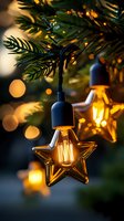 Star-shaped glass bulb with glowing filament hanging on Christmas tree branch, warm golden bokeh lights creating magical holiday atmosphere. Decorative lighting detail.