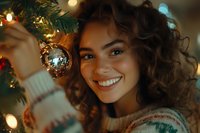 Young mixed race woman with curly hair and bright smile decorating Christmas tree with ornaments, wearing cozy sweater in warm holiday lighting atmosphere.