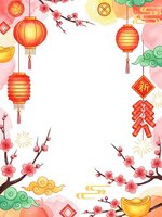 Traditional Chinese New Year frame with red lanterns, plum blossoms, gold ingots and decorative elements on white background for festive designs.