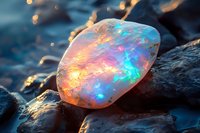 Luminescent opal gemstone on dark rocks displaying vibrant rainbow colors and iridescent play-of-light with blue, pink, and golden hues in natural setting.