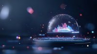 Futuristic audio visualization in glowing glass dome with neon city skyline silhouette floating above metallic platform, surrounded by bokeh lights in dark atmosphere.