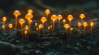 Glowing orange mushrooms illuminate dark forest floor, creating magical woodland atmosphere with bioluminescent fungi growing from rich soil at night.