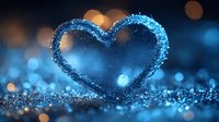 Glowing blue heart shape created from sparkling glitter on dark background with bokeh lights, romantic magical Valentine concept for greeting cards.