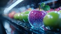 Fresh purple apple with glowing sparkles and water drops in dark setting with green apples in background, magical food photography with bokeh effect.