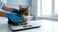 Veterinarian in blue gloves examining tabby cat on digital scale during medical checkup in bright clinic room.