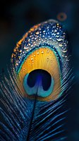 Macro shot of peacock feather with water drops against dark background, showing vibrant blue, gold and turquoise colors in detailed texture pattern.