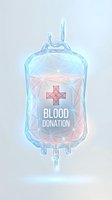 Polygonal blood donation bag with red cross symbol and text in low poly geometric style for medical healthcare charity campaign design.