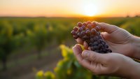 Fresh ripe grapes held in cupped hands at sunset in vineyard with golden light illuminating purple fruit for wine harvest season and agricultural concepts.